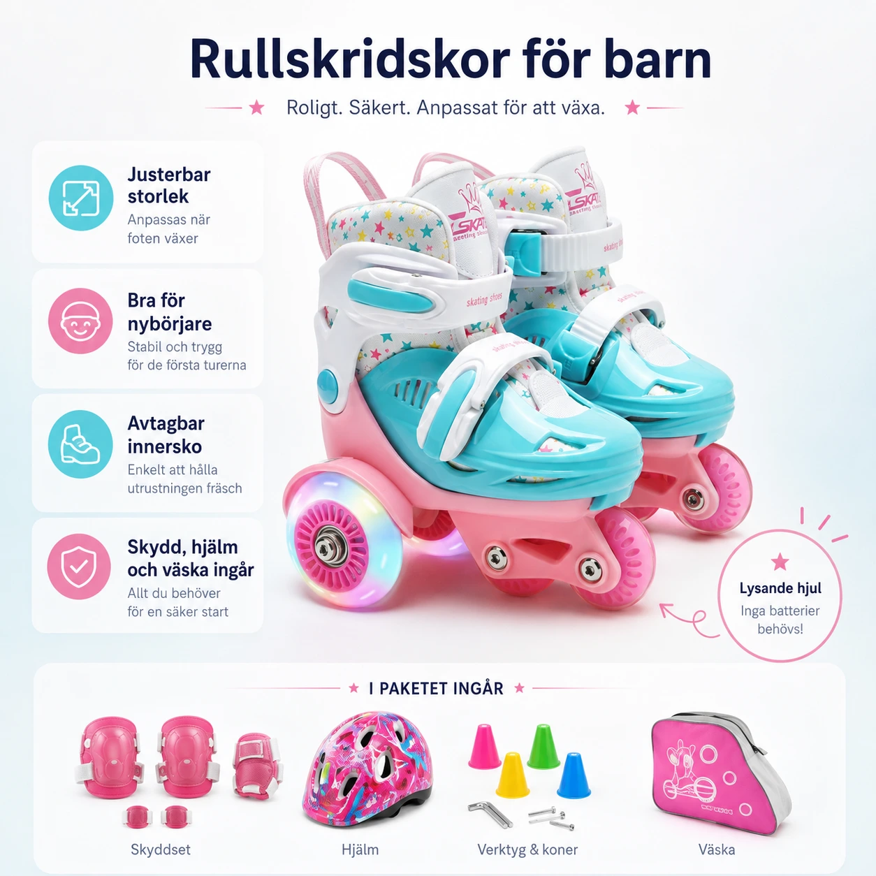 Justerbara rullskridskor för barn med skyddsutrustning