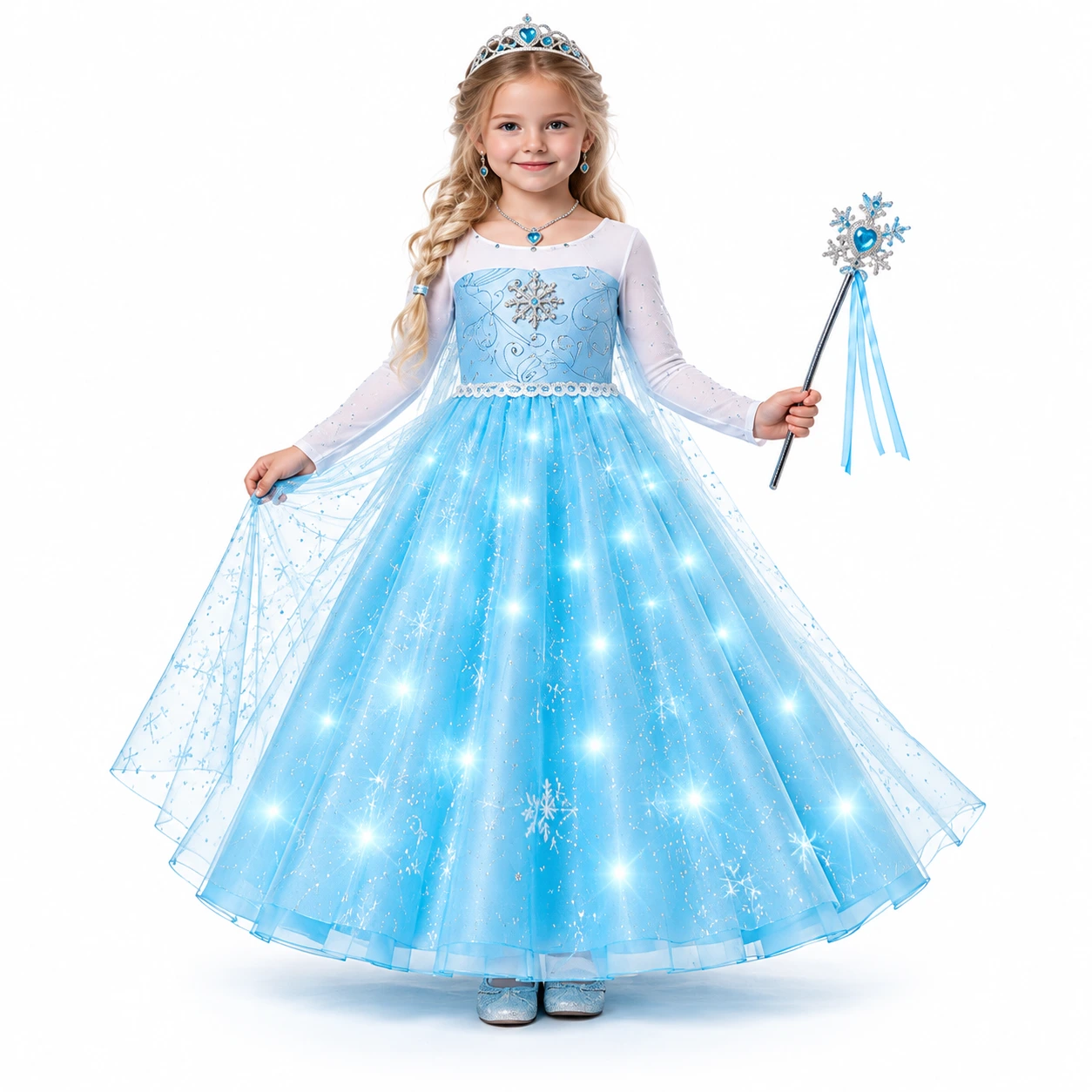 Ljusblå prinsessklänning för barn med LED och tillbehör
