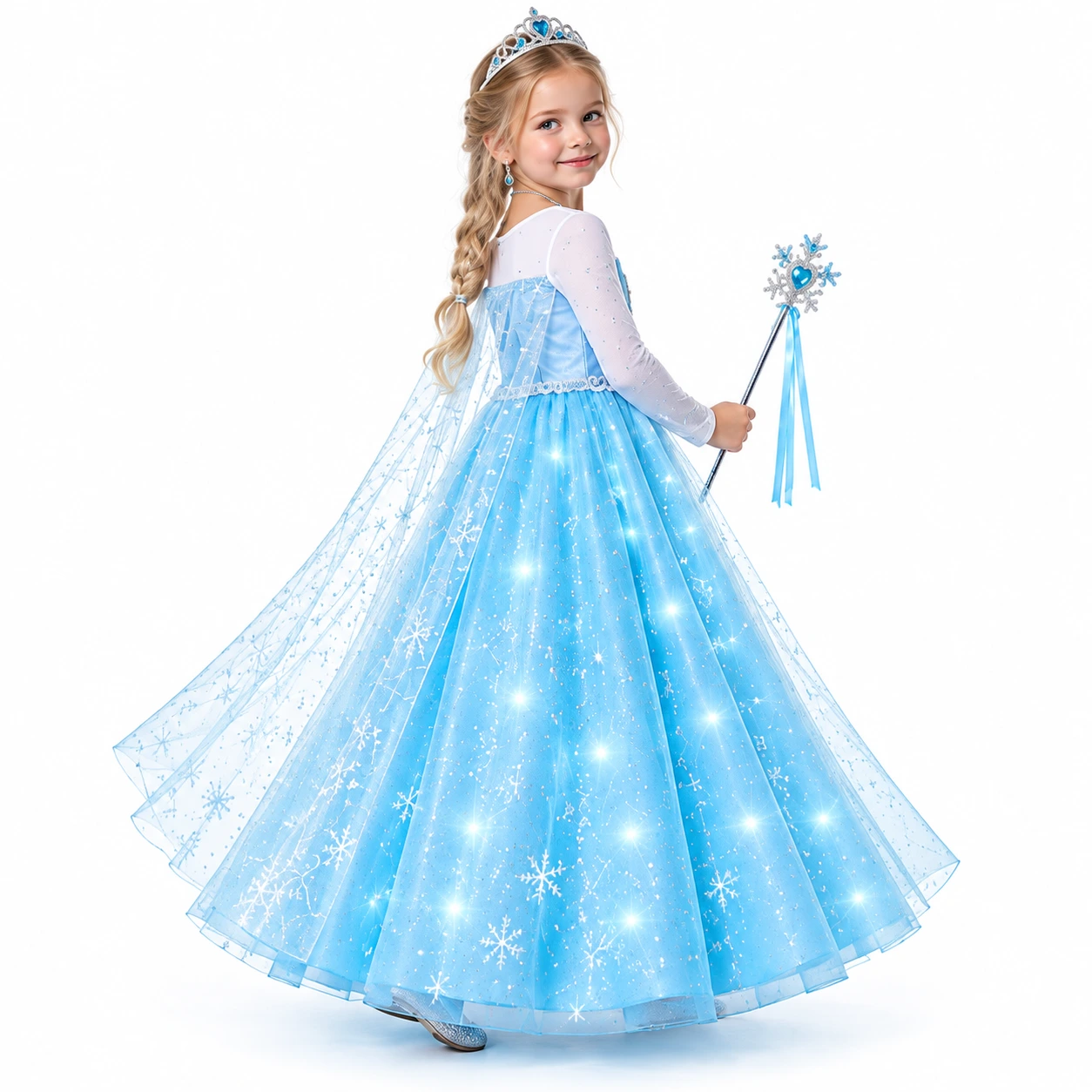 Ljusblå prinsessklänning för barn med LED och tillbehör