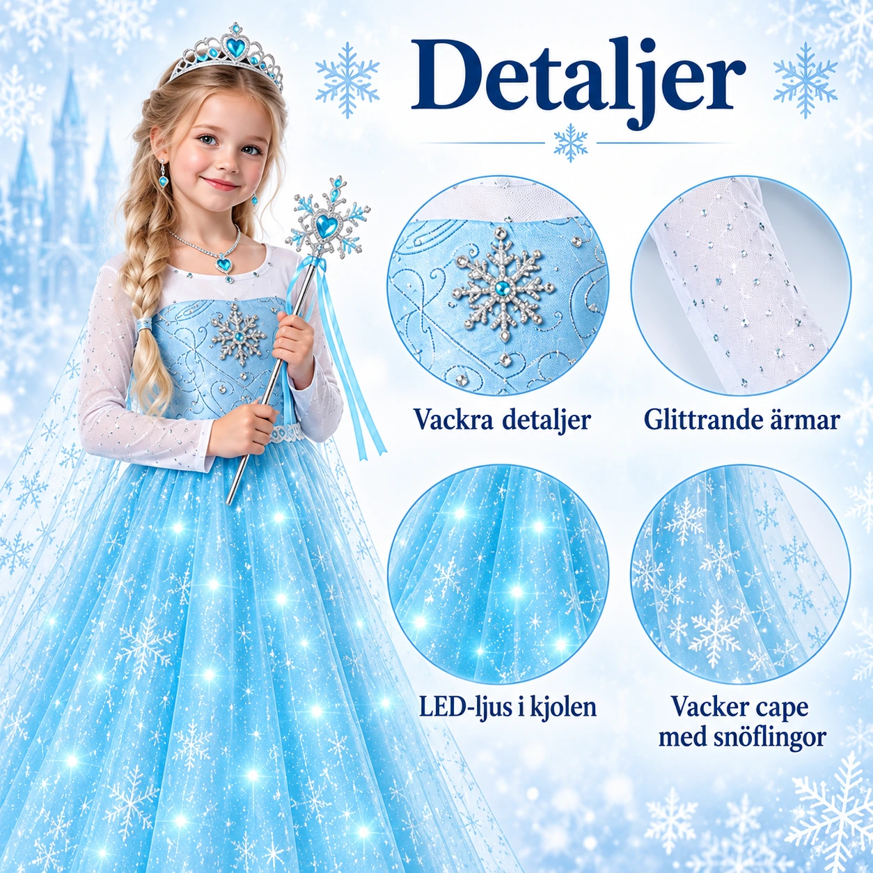 Ljusblå prinsessklänning för barn med LED och tillbehör