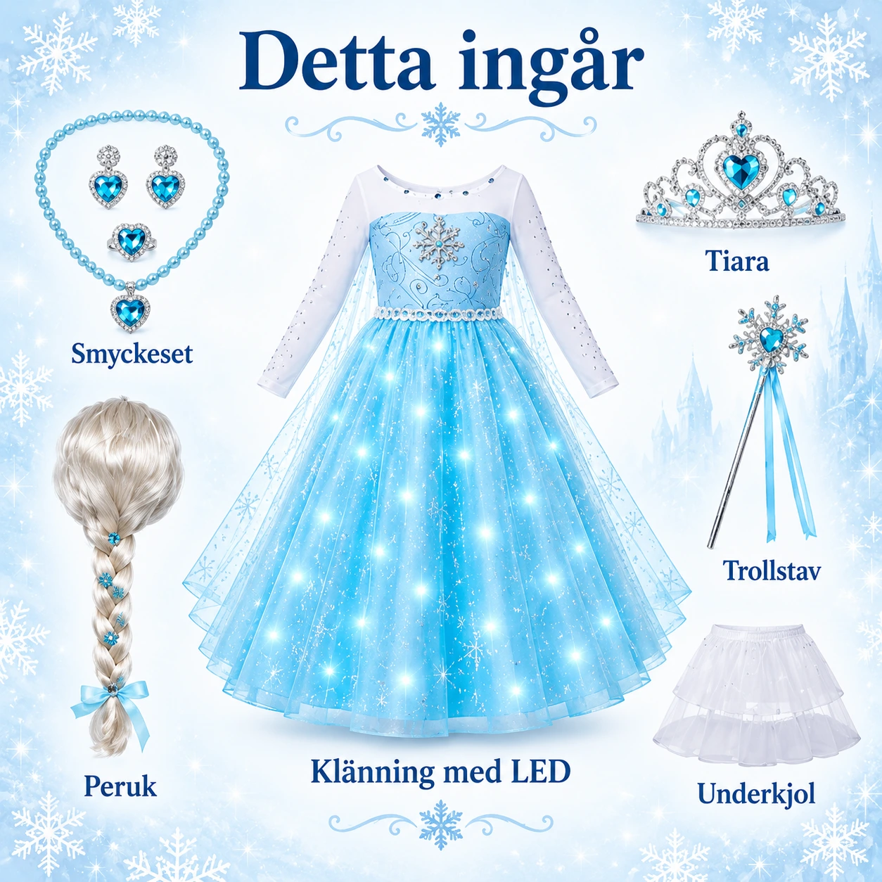 Ljusblå prinsessklänning för barn med LED och tillbehör