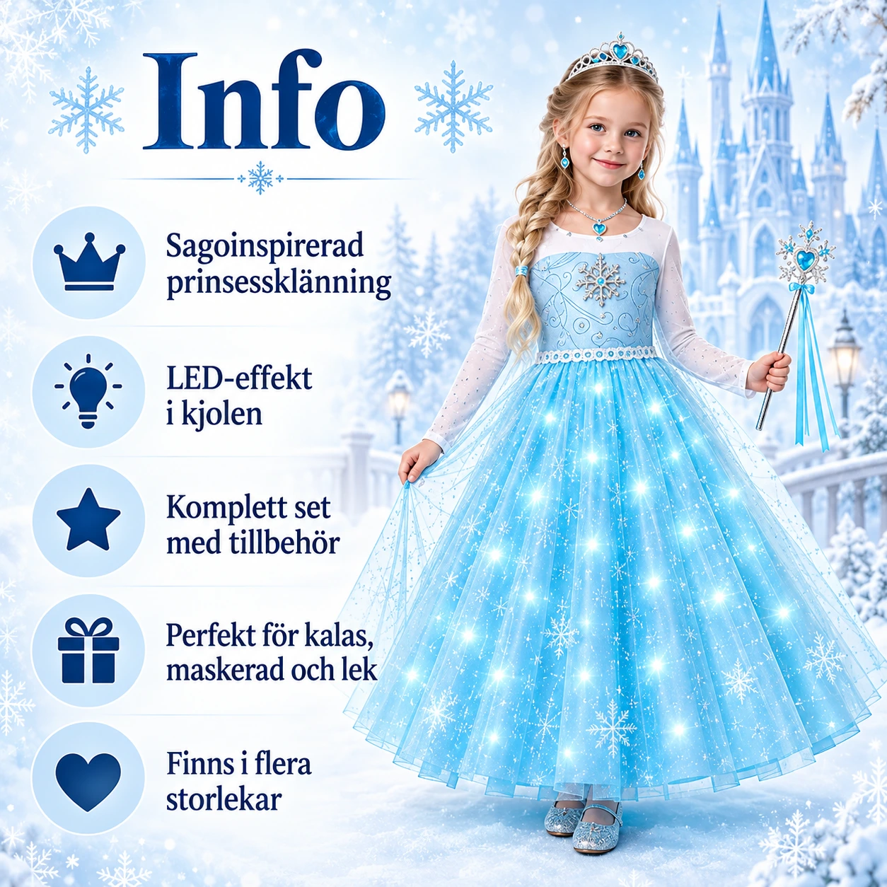 Ljusblå prinsessklänning för barn med LED och tillbehör