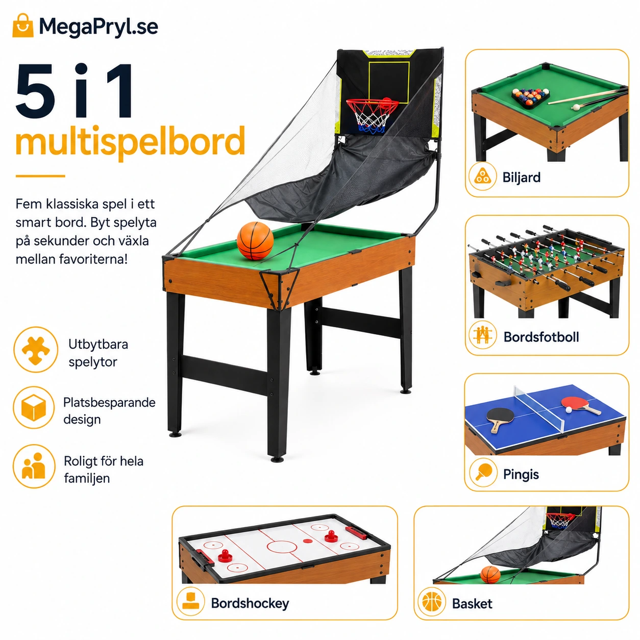 Multispelbord 5 i 1 med biljard, bordshockey och pingis