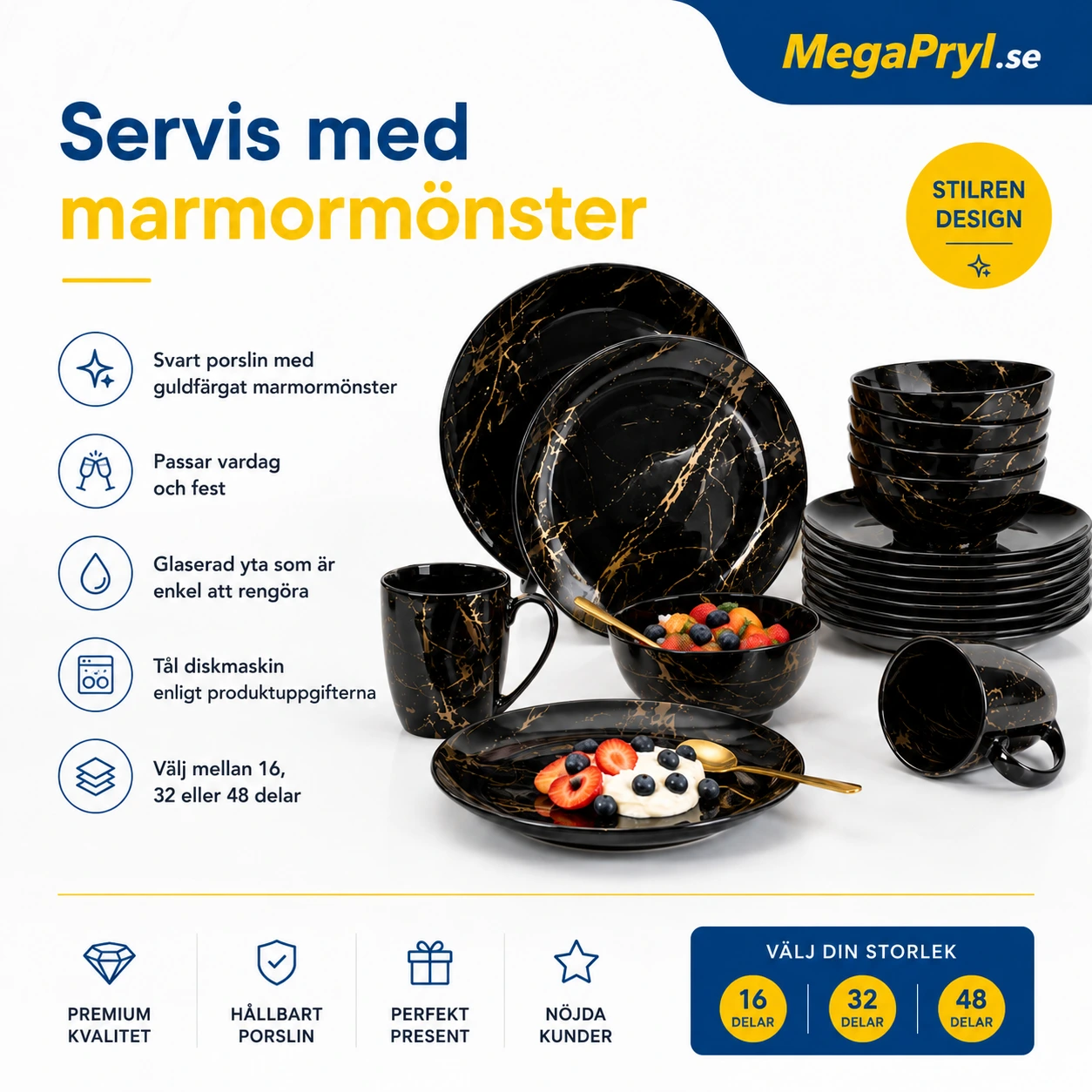 Porslinsservis med marmormönster i 16, 32 eller 48 delar