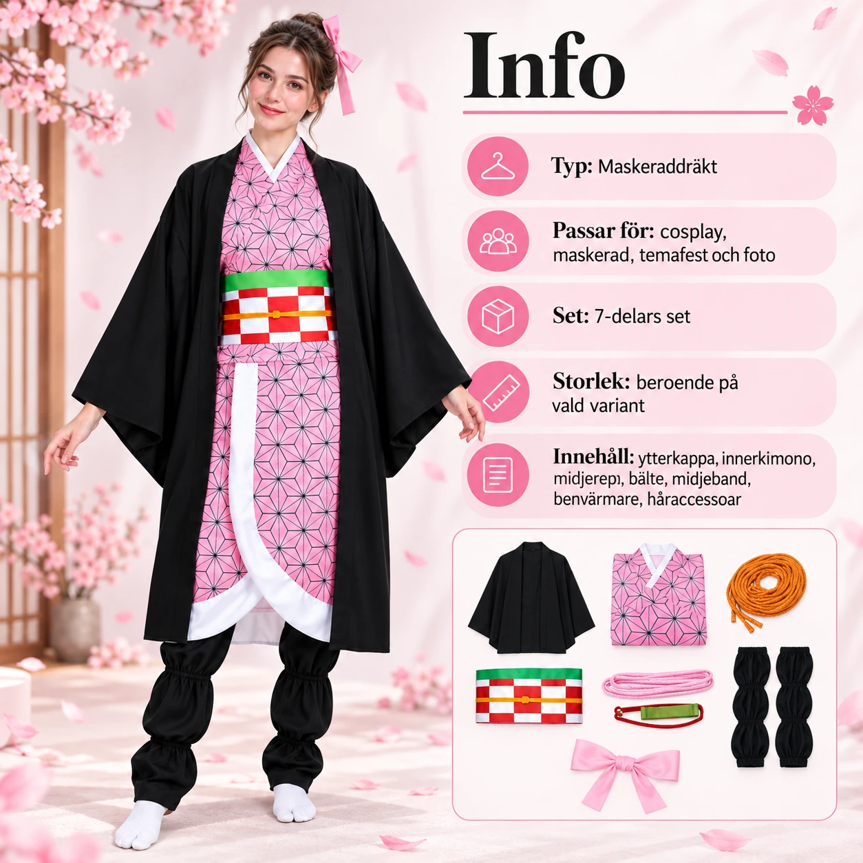 Anime Cosplay Rosa Kimono Kostymset för Vuxna och Barn