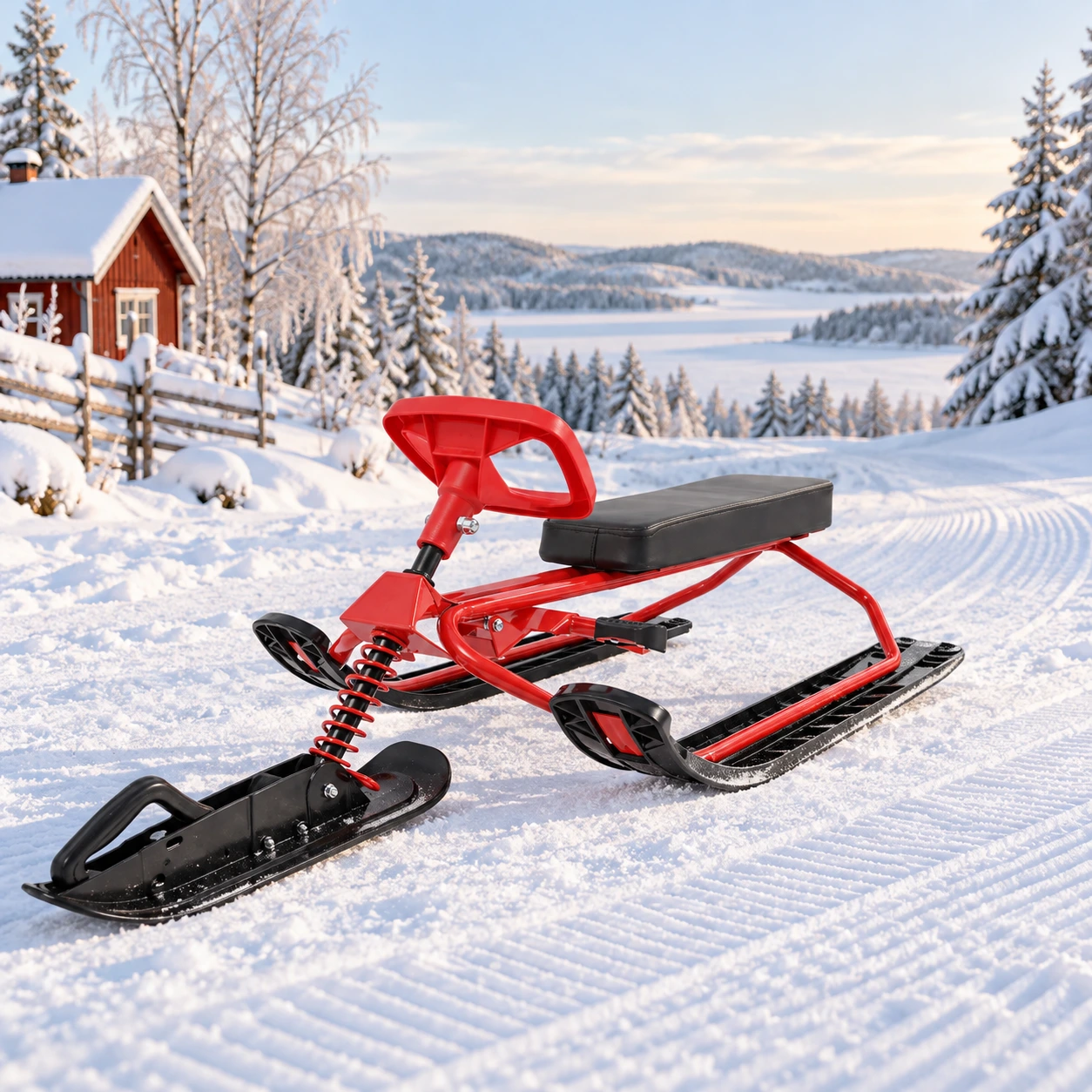 Styrbar snösläde med ratt och broms