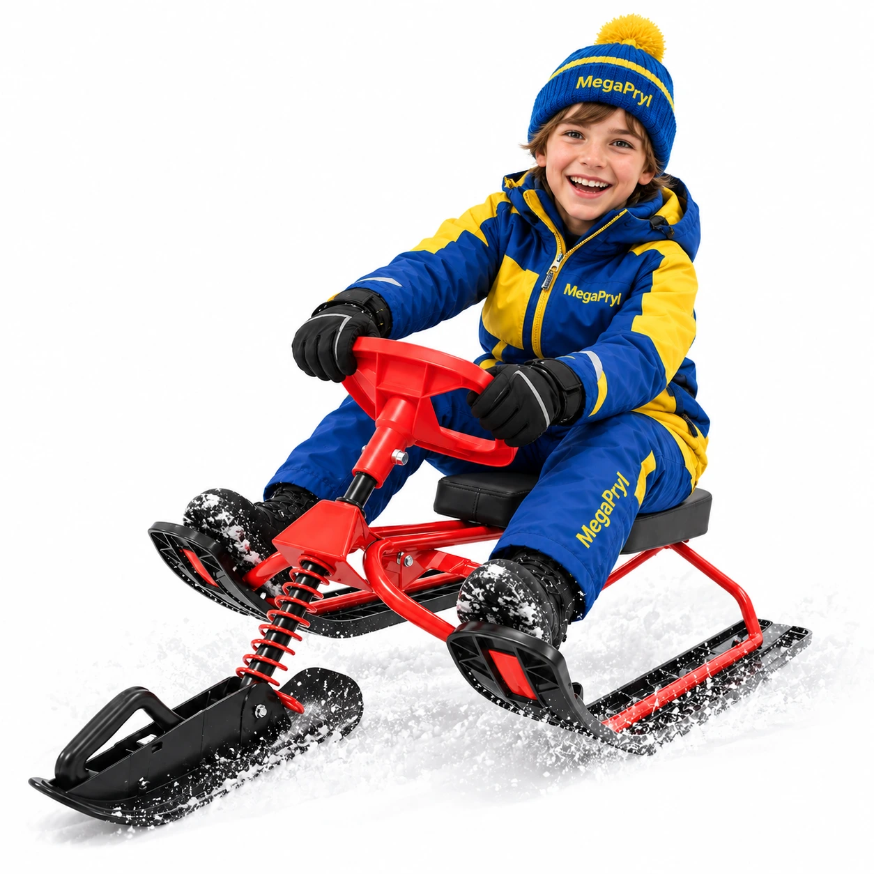 Styrbar snösläde med ratt och broms