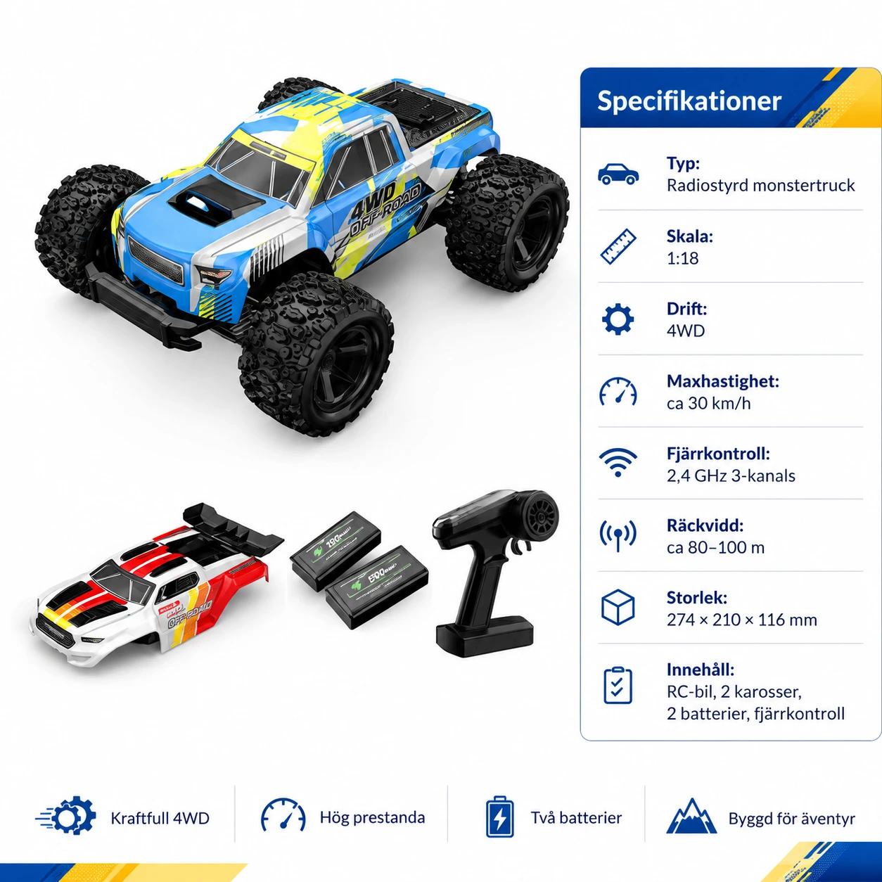 Radiostyrd monstertruck 1:18 med 4WD och dubbla karosser