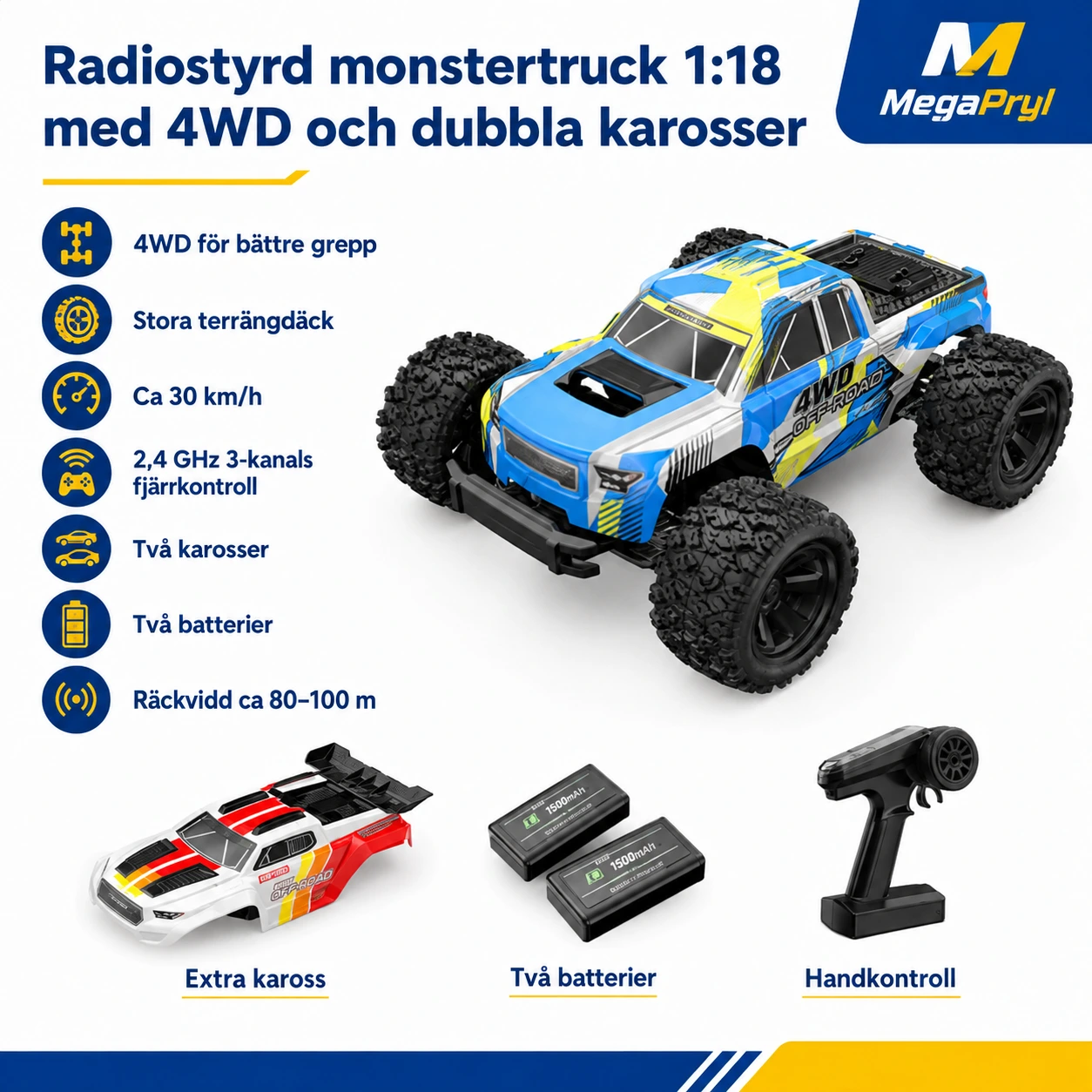 Radiostyrd monstertruck 1:18 med 4WD och dubbla karosser