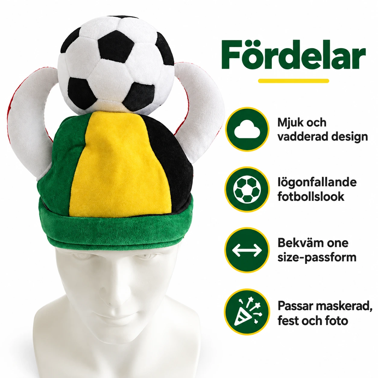 Fotbollsmössa med Horn i Grön, Gul och Svart