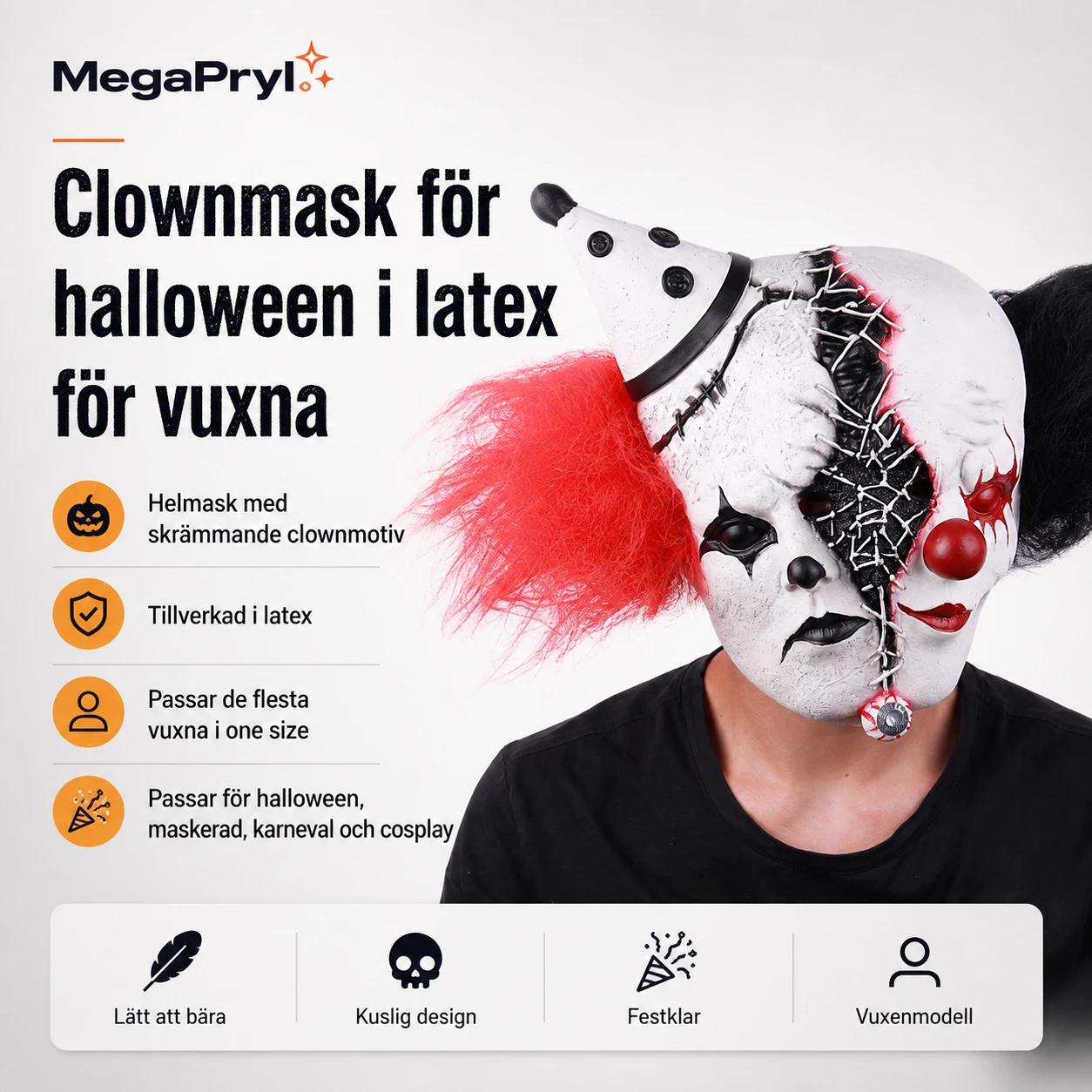 Clownmask för halloween i latex för vuxna