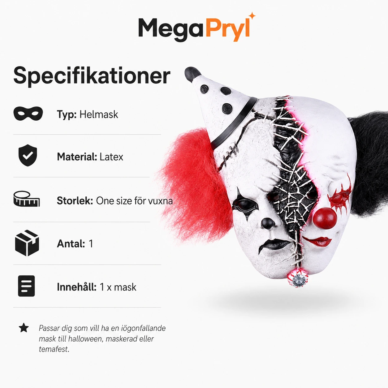 Clownmask för halloween i latex för vuxna