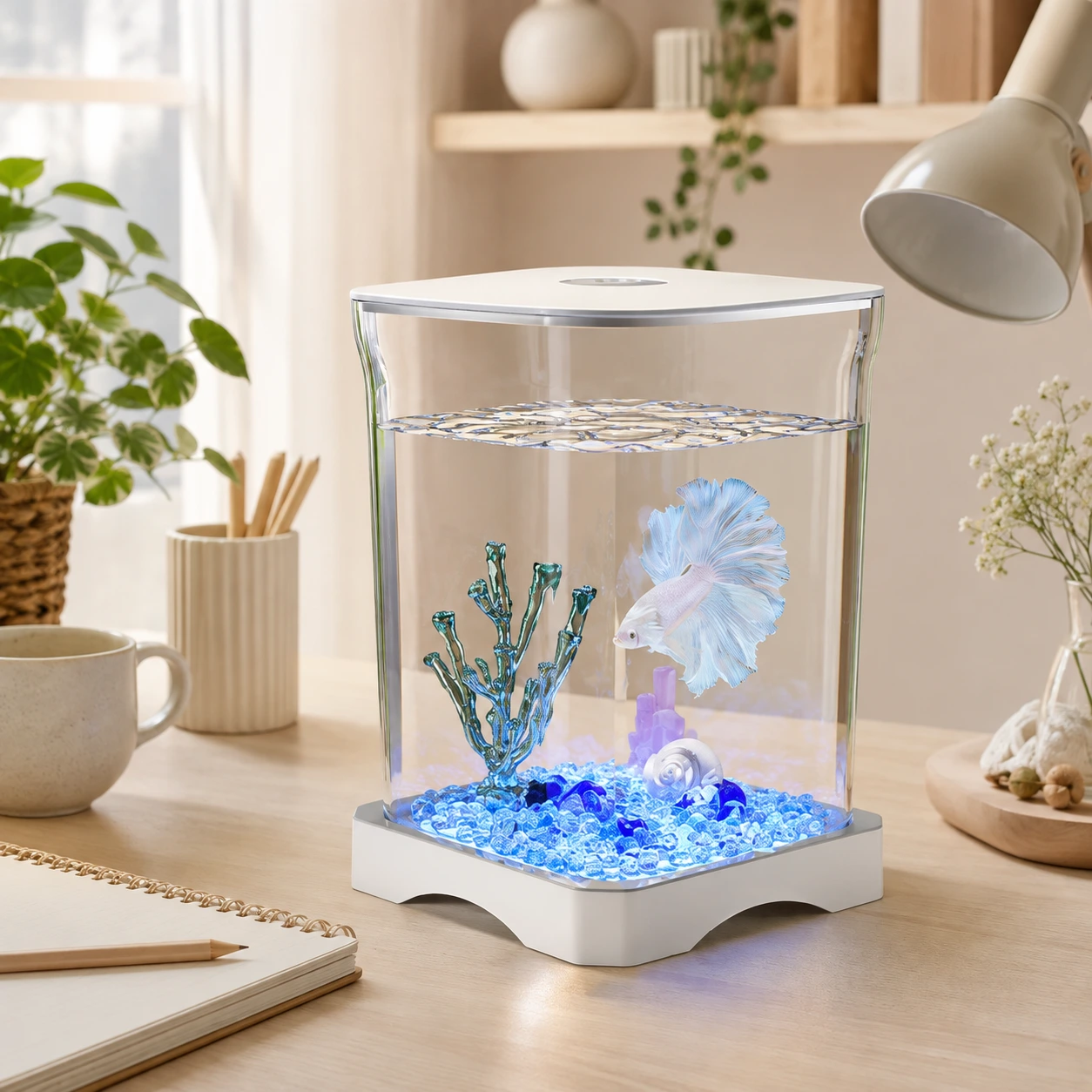 Mini akvarium för skrivbord med bottenbelysning