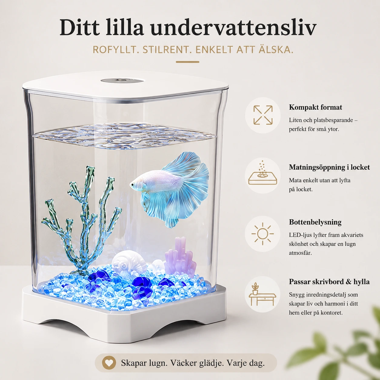 Mini akvarium för skrivbord med bottenbelysning