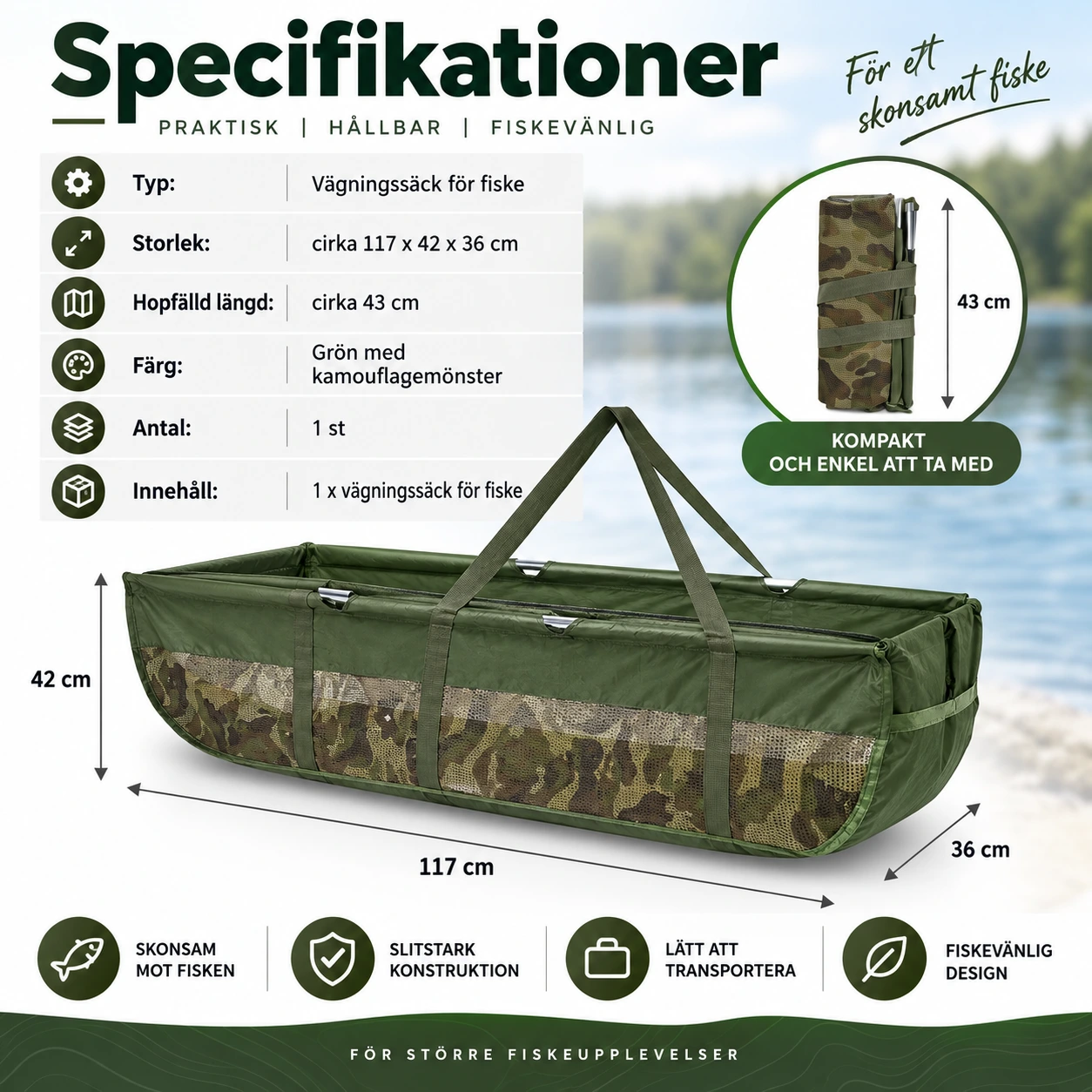 Vägningssäck för fiske med vikbar design