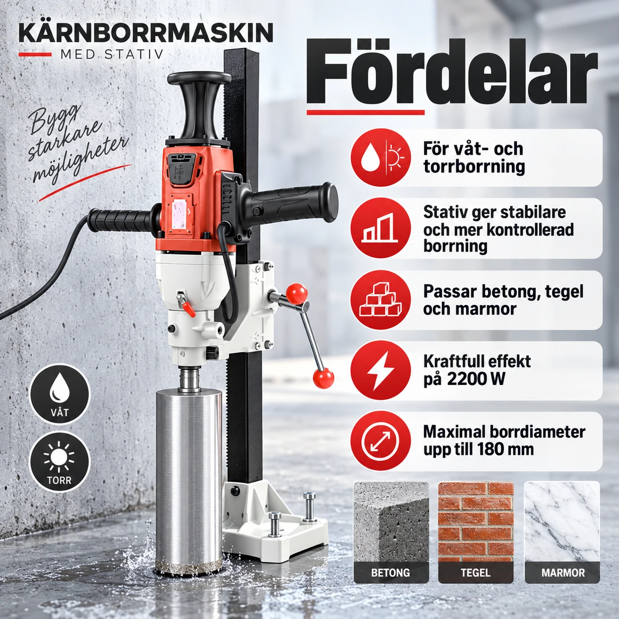Kärnborrmaskin med stativ för våt- och torrborrning