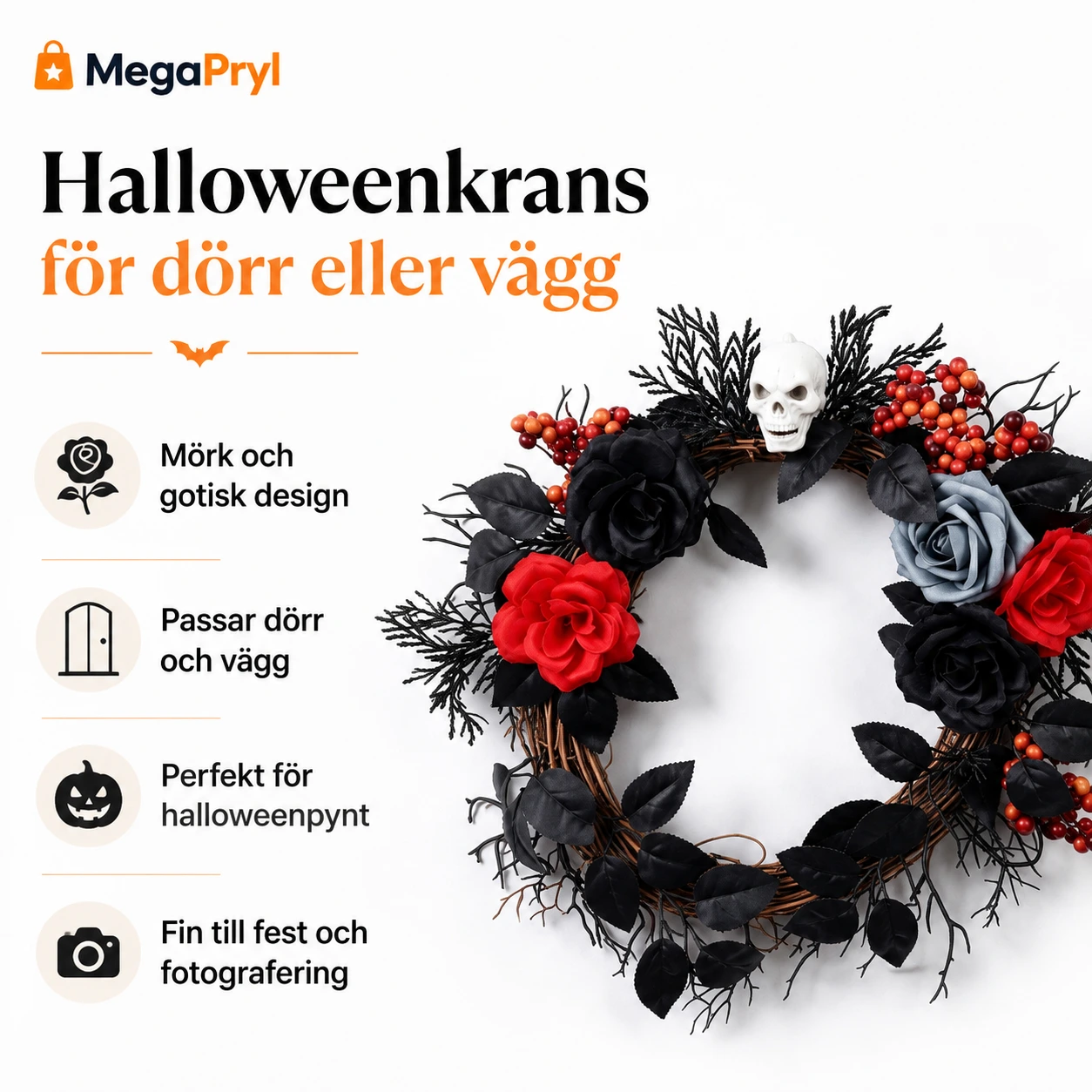 Halloweenkrans för dörr eller vägg 40 x 40 cm