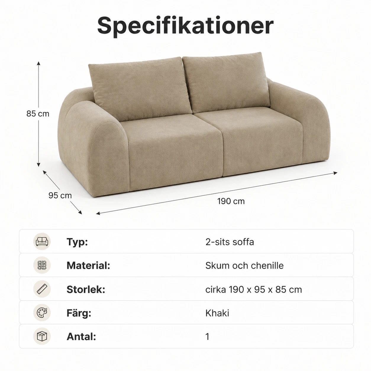 2-sits soffa för vardagsrum utan montering