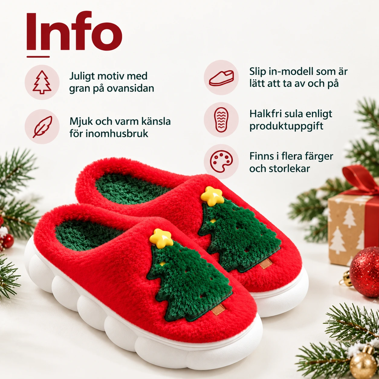 Joulukuusitossut sisäkäyttöön, luistamaton pohja