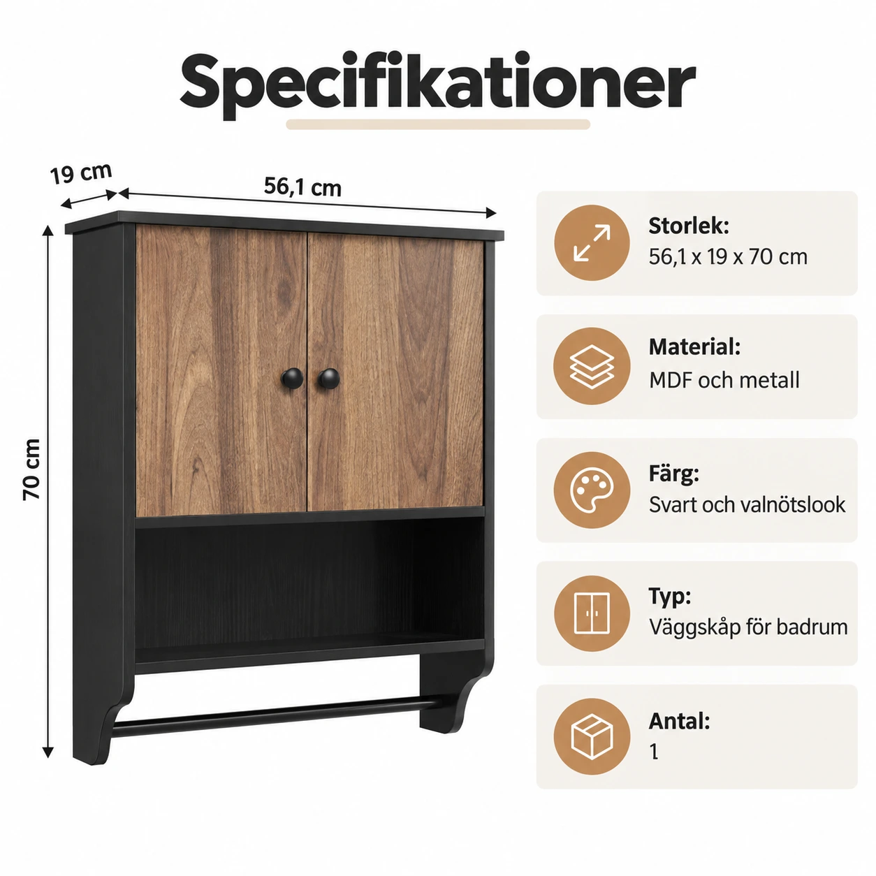 Väggskåp för badrum med 2 dörrar och handduksstång