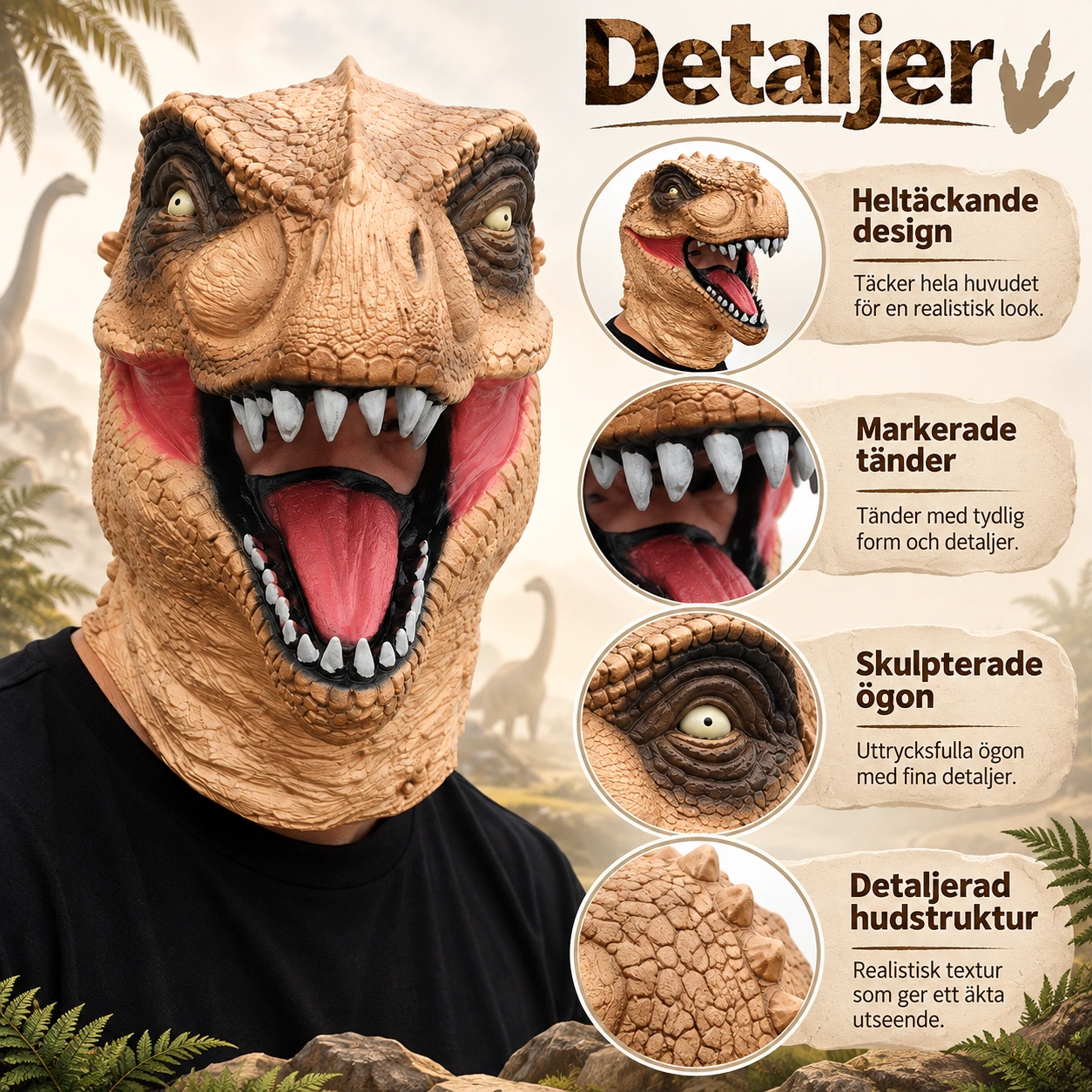 Mask dinosaurie vuxen i latex, heltäckande