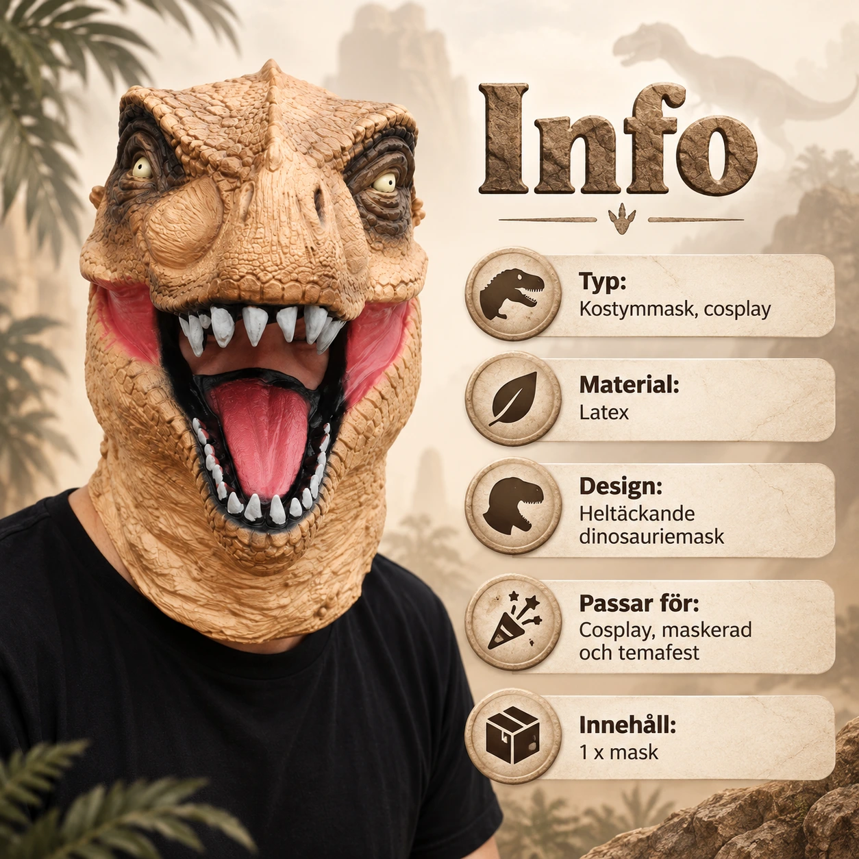 Mask dinosaurie vuxen i latex, heltäckande