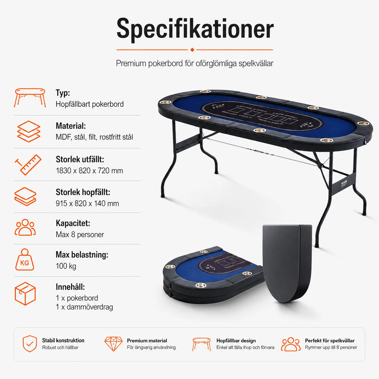 Hopfällbart pokerbord för 8 spelare med mugghållare