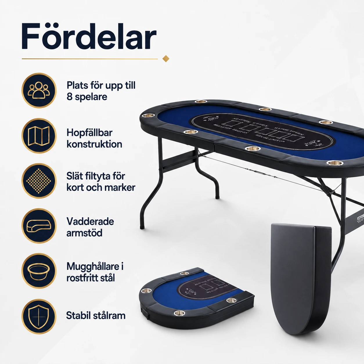 Hopfällbart pokerbord för 8 spelare med mugghållare