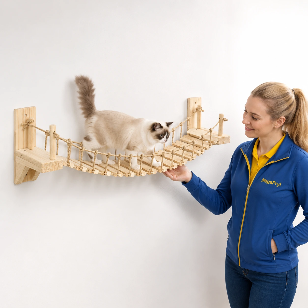 Väggmonterad kattbro i trä och sisal