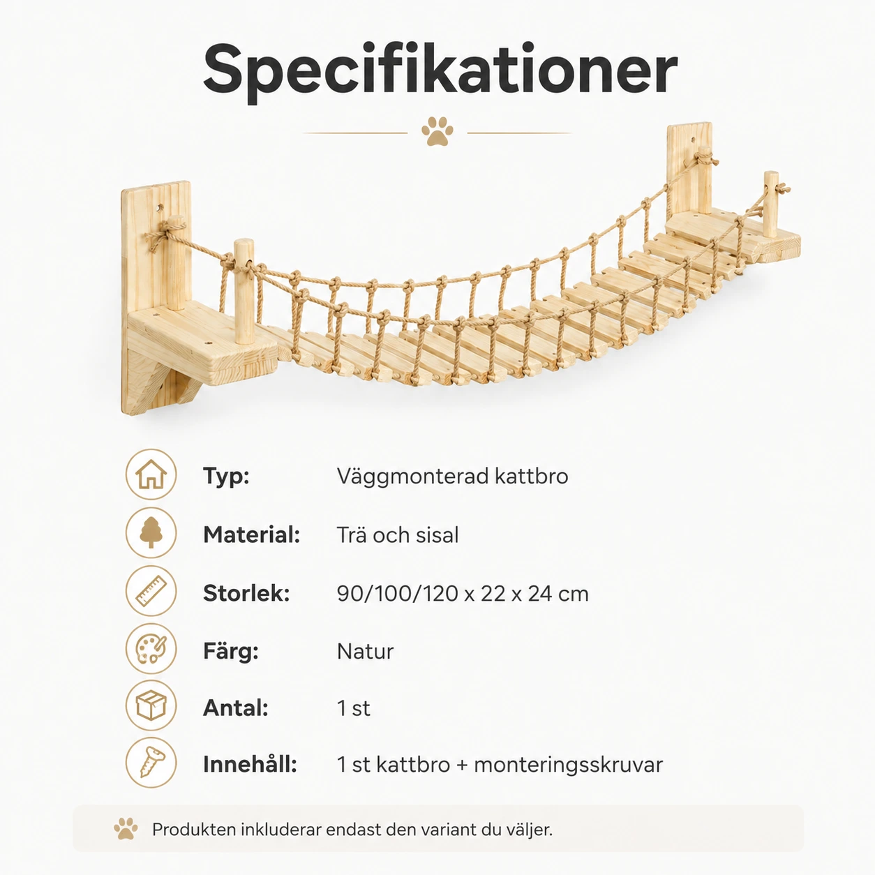 Väggmonterad kattbro i trä och sisal