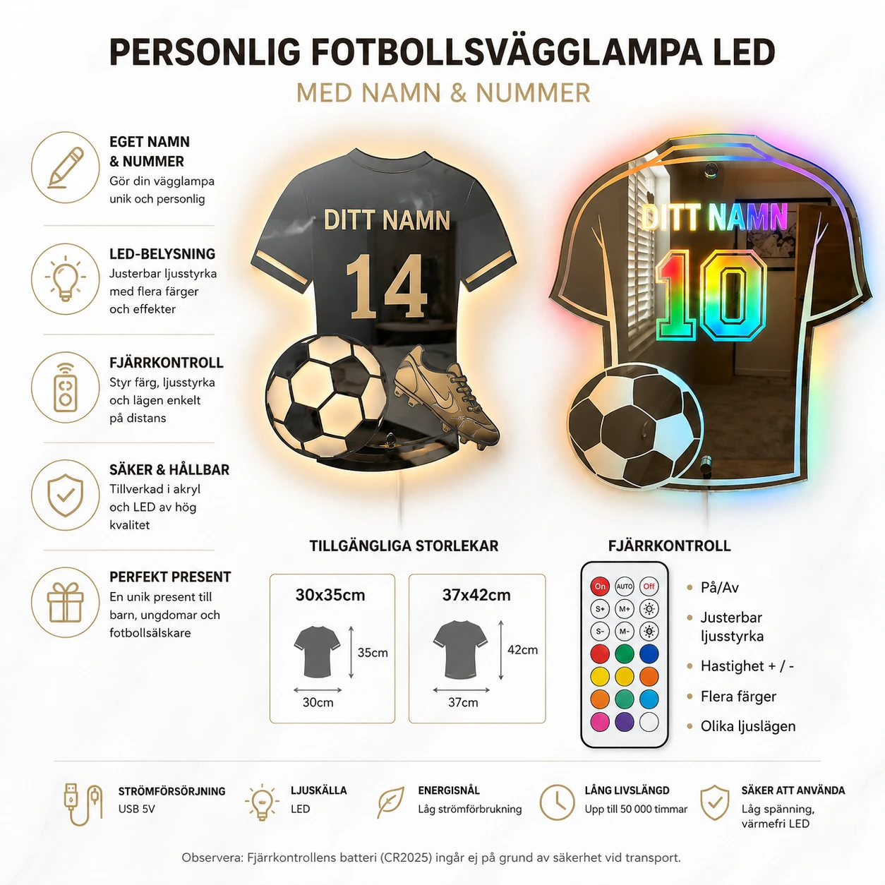 Personlig Fotbollsvägglampa LED – Namn & Nummer