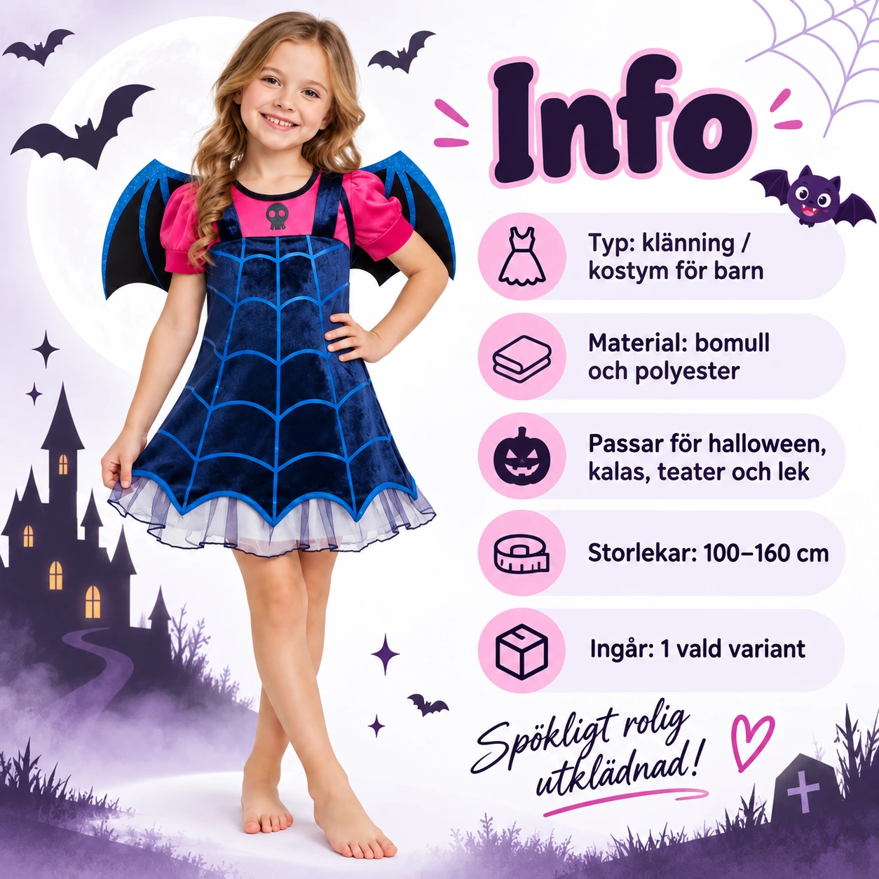 Lasten vampyyrimekko puuvillasekoitetta, lepakkohihat