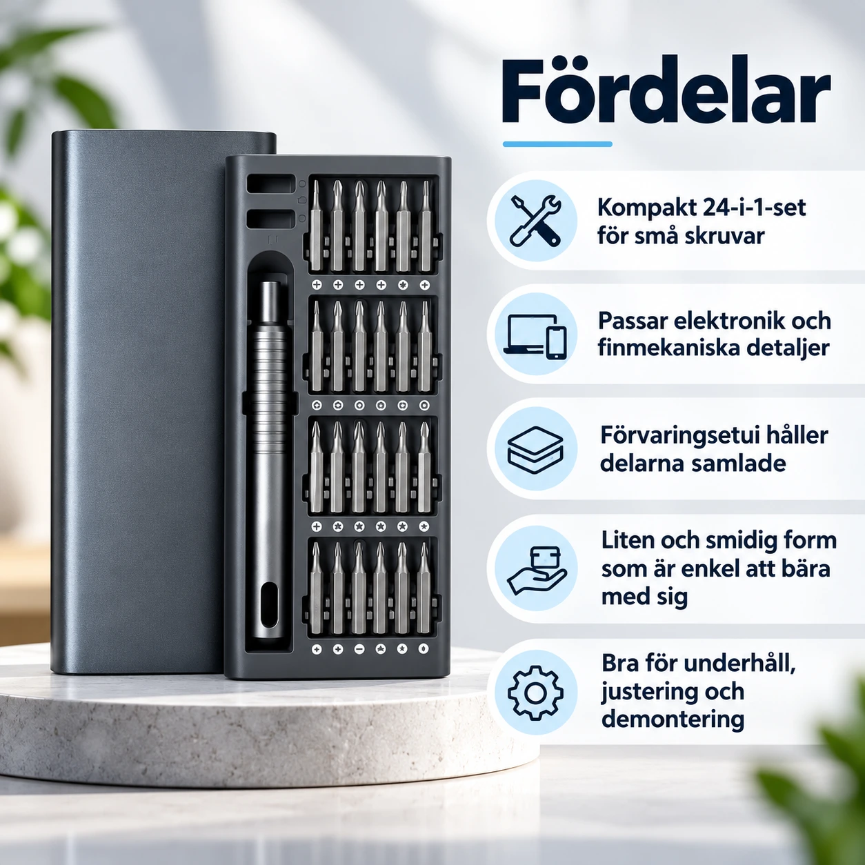 Precisionsskruvmejselset för elektronik med förvaringsetui