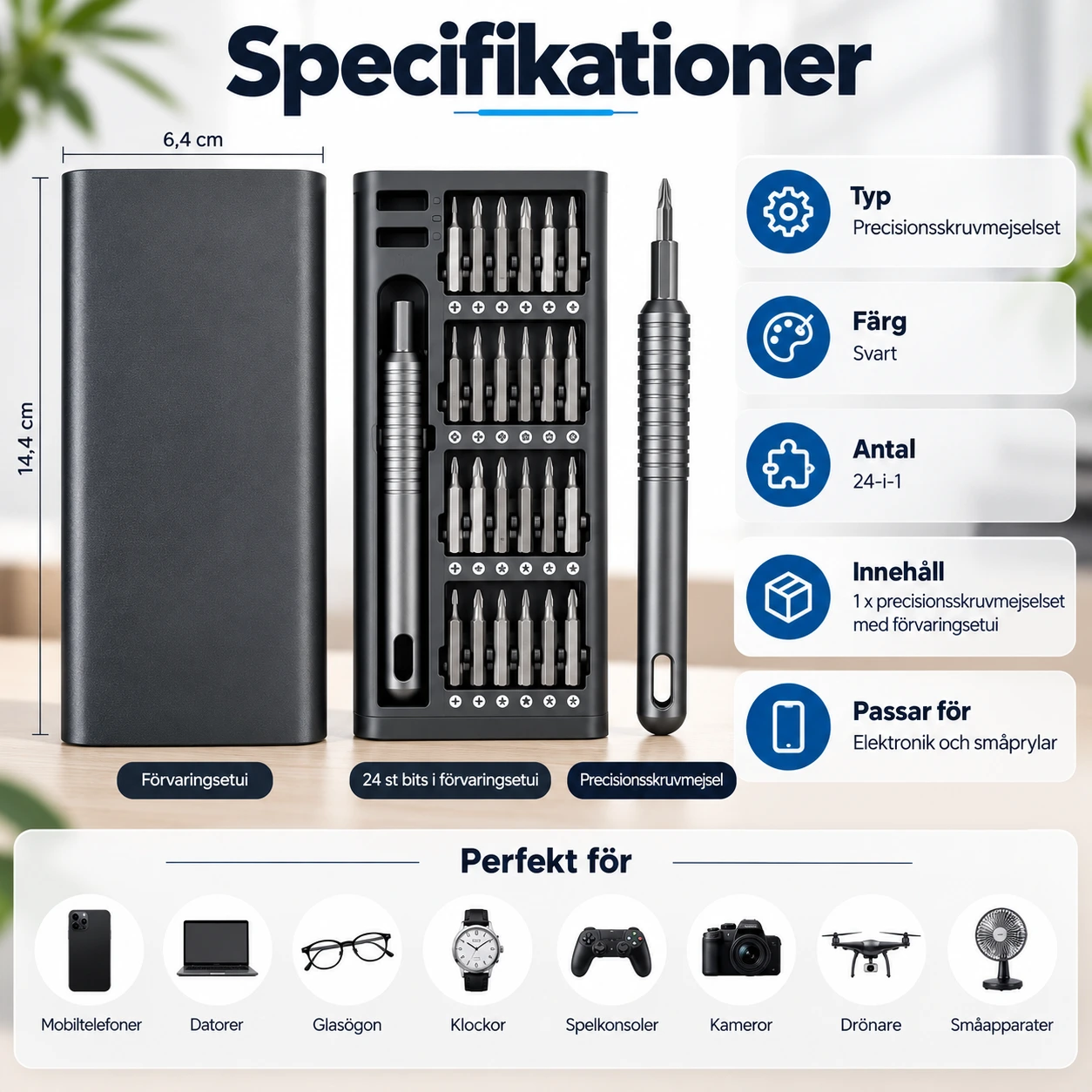Precisionsskruvmejselset för elektronik med förvaringsetui