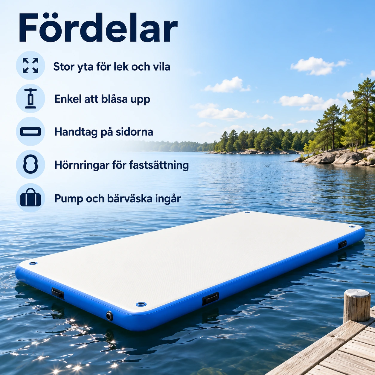 Uppblåsbar flytplattform för vattenlek och avkoppling