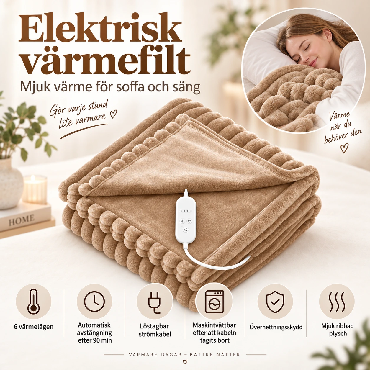 Sähköinen lämpöpeitto sohvalle ja sänkyyn, 6 lämpöasetusta