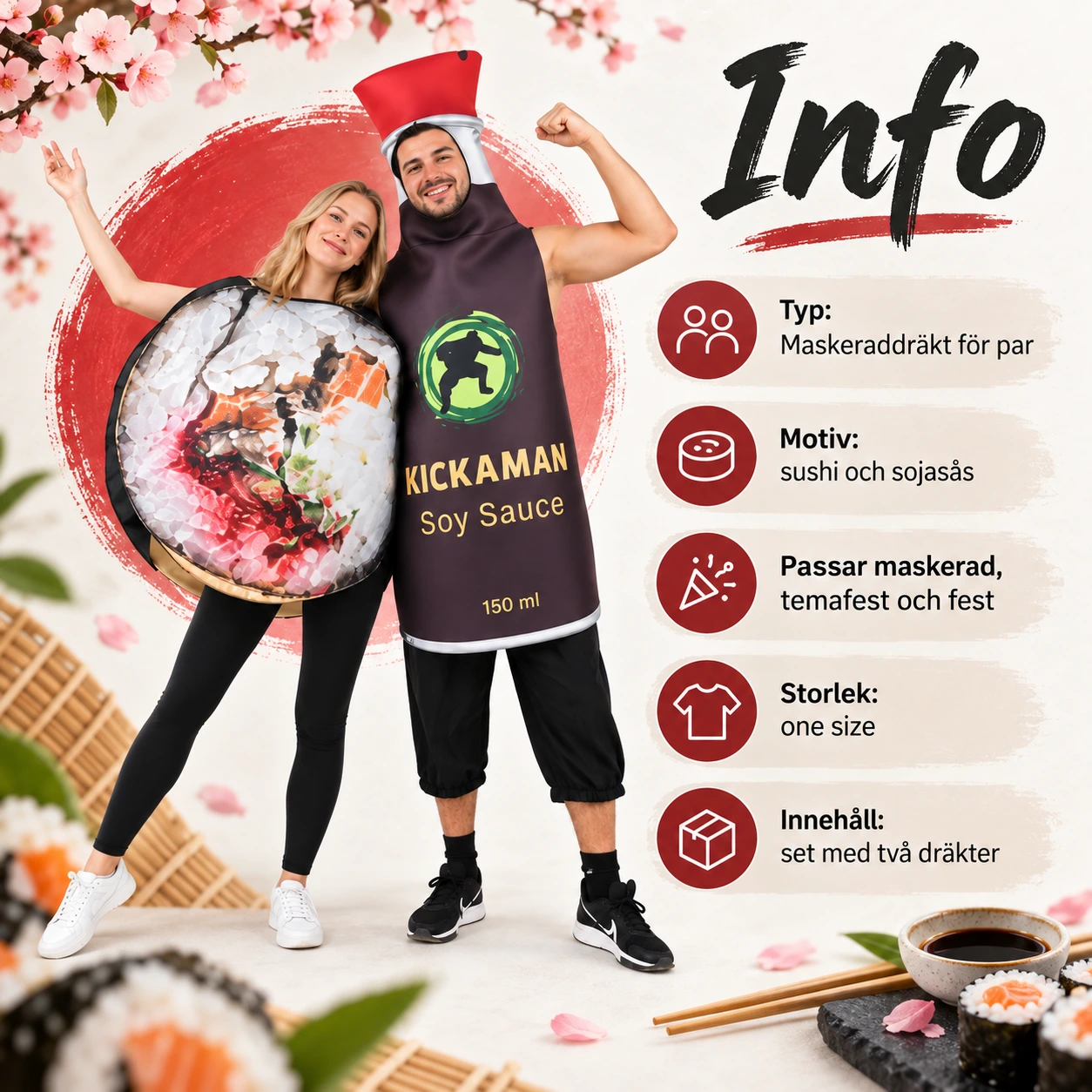 Sushi- ja soijakastike-naamiaisasut kahdelle, yksi koko