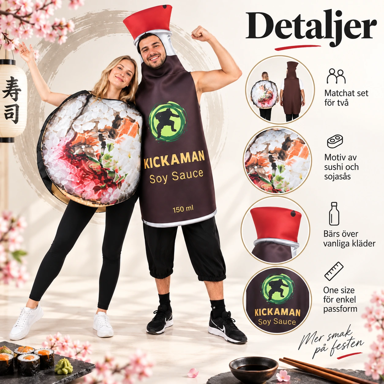 Sushi- ja soijakastike-naamiaisasut kahdelle, yksi koko