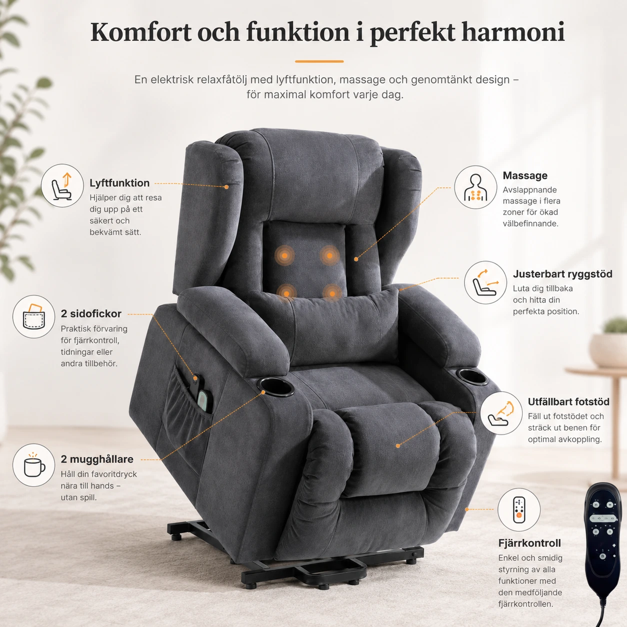 Relaxfåtölj med Lyft och Massage