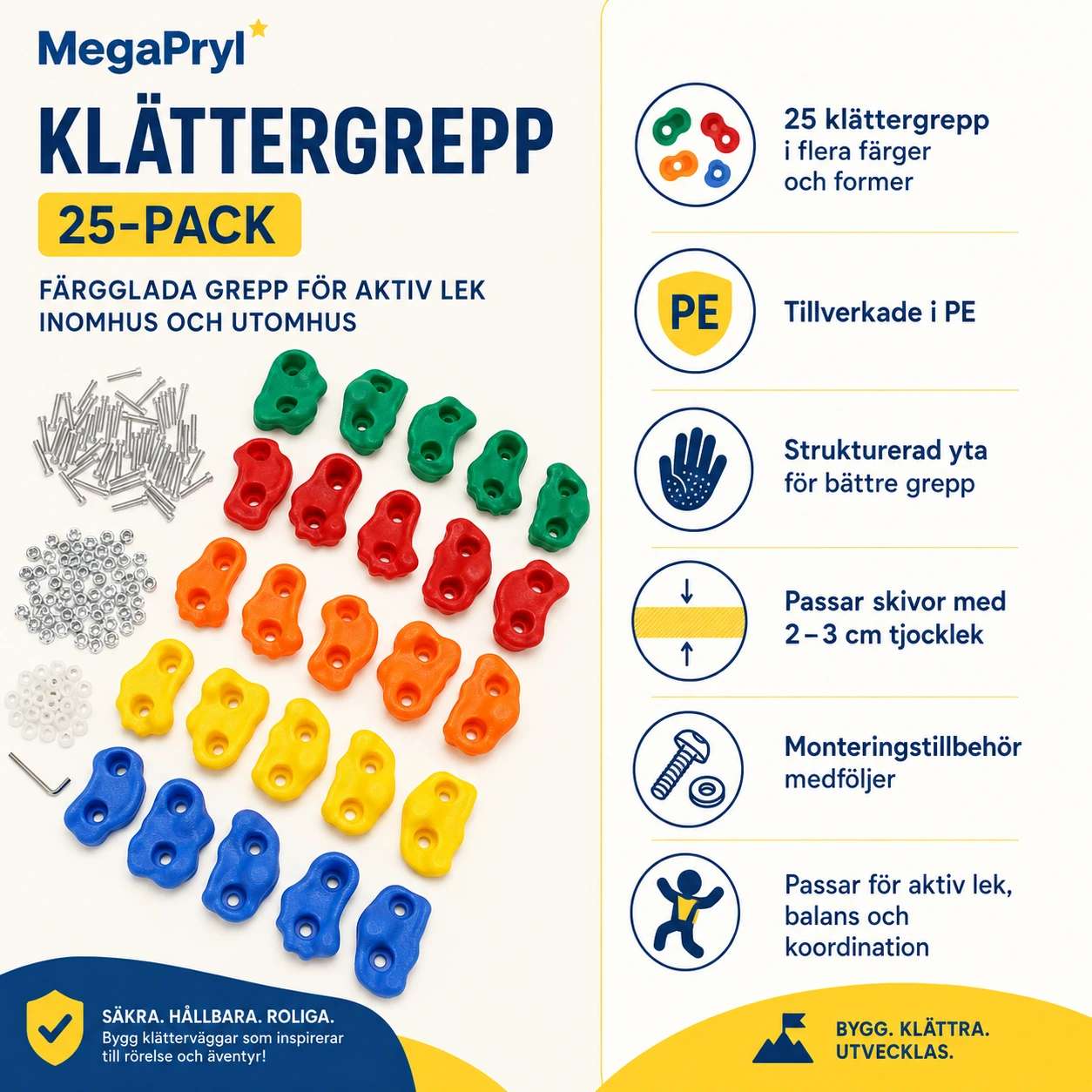 Klättergrepp för barn 25-pack i PE för klättervägg