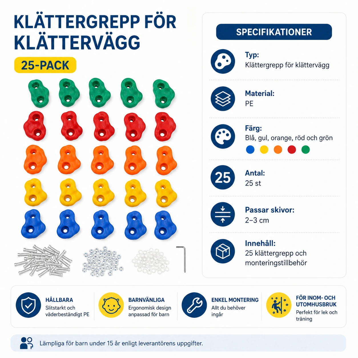 Klättergrepp för barn 25-pack i PE för klättervägg