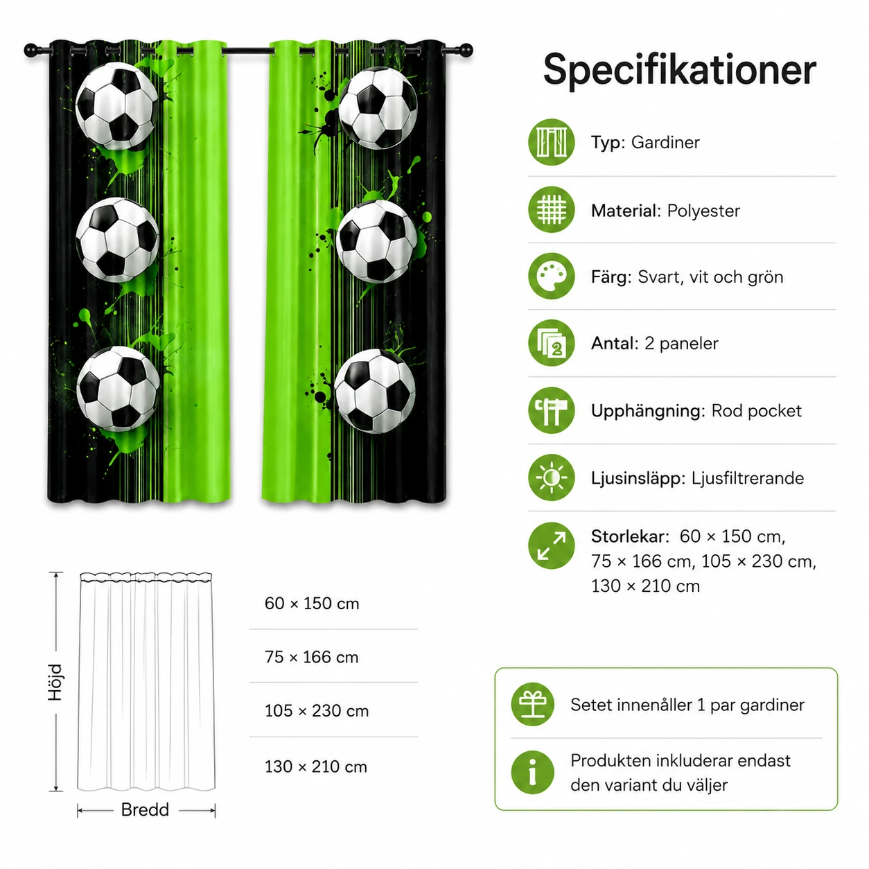 Fotbollsgardiner med ljusfiltrering, 2-pack