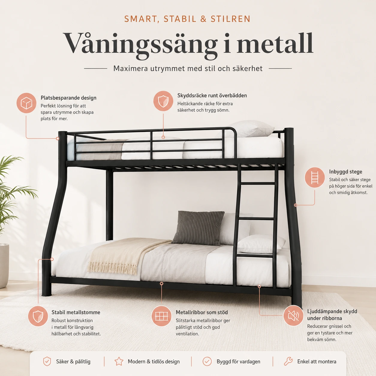 Våningssäng i metall med stege och skyddsräcke