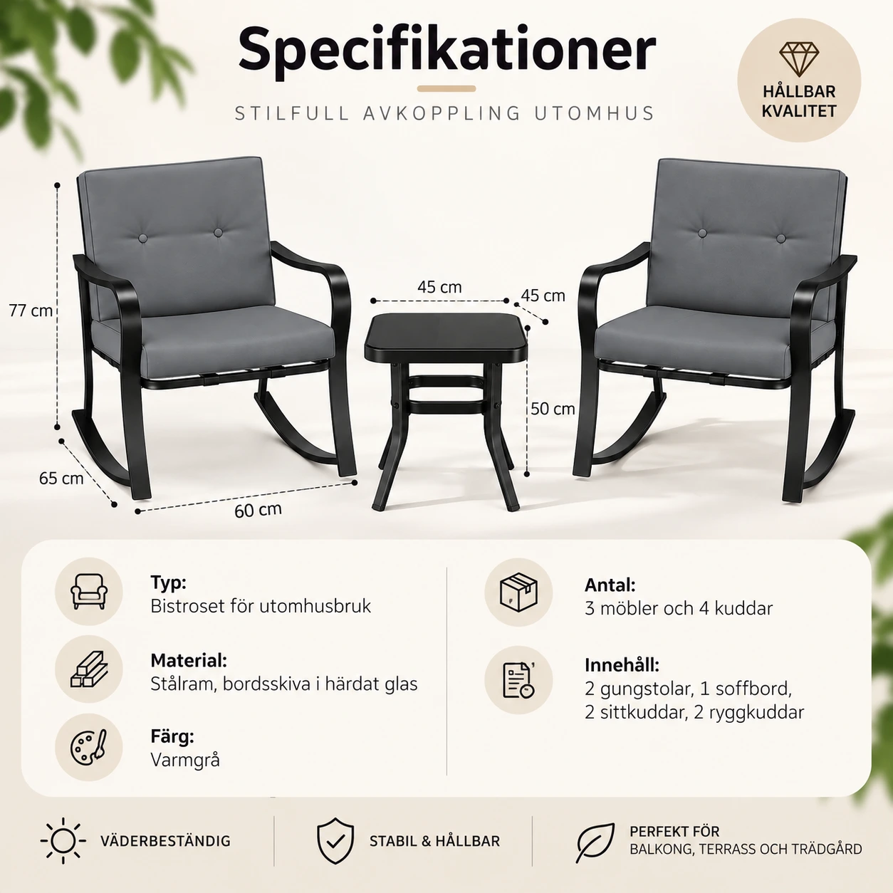 Keinutuolit ja pöytä parvekkeelle ja terassille