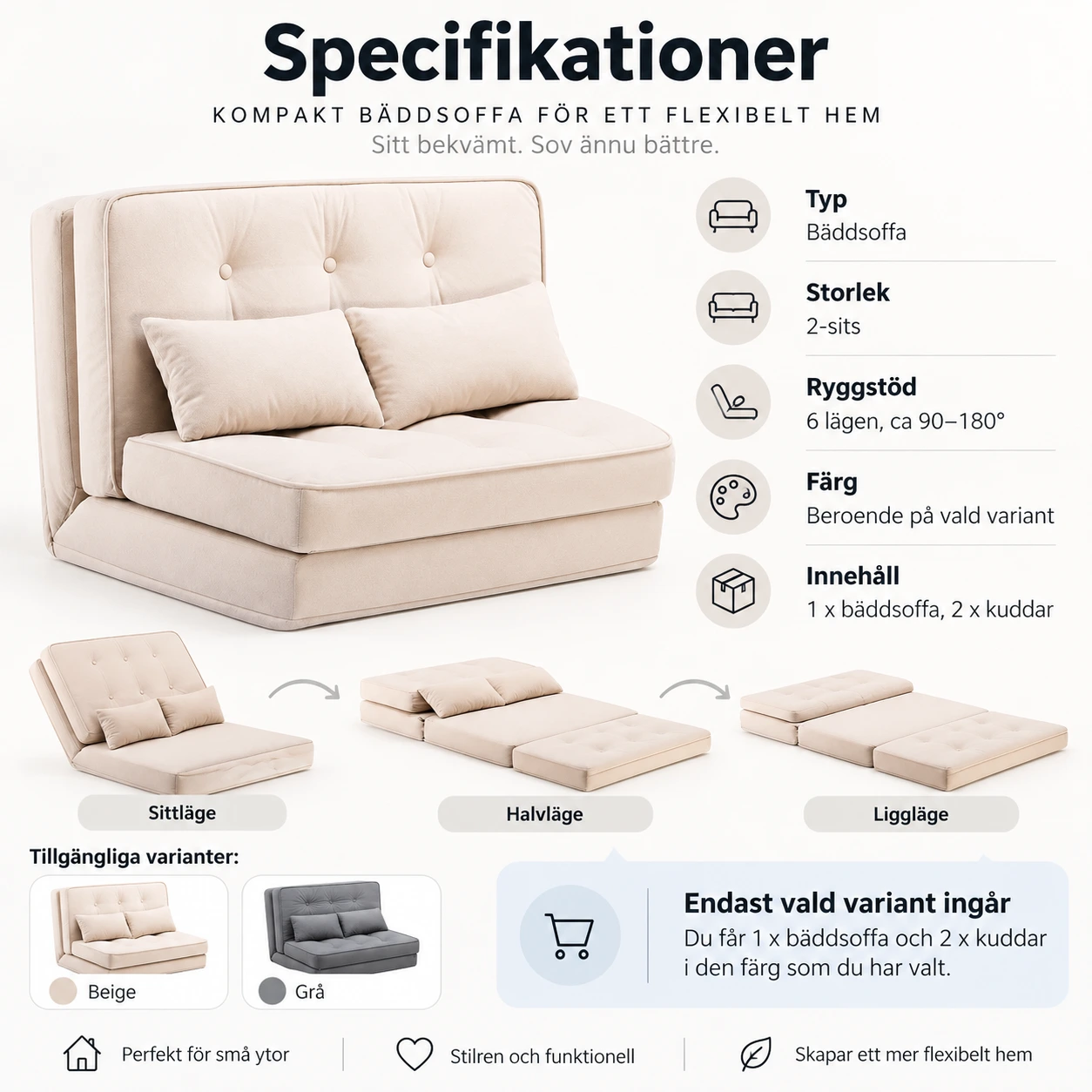 Bäddsoffa för små utrymmen med 6-läges ryggstöd