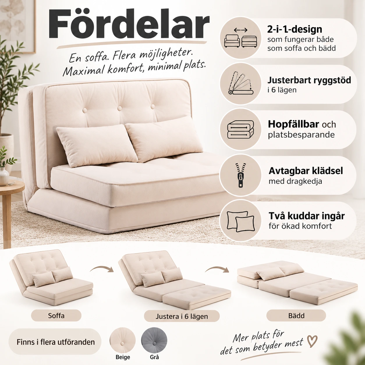 Bäddsoffa för små utrymmen med 6-läges ryggstöd