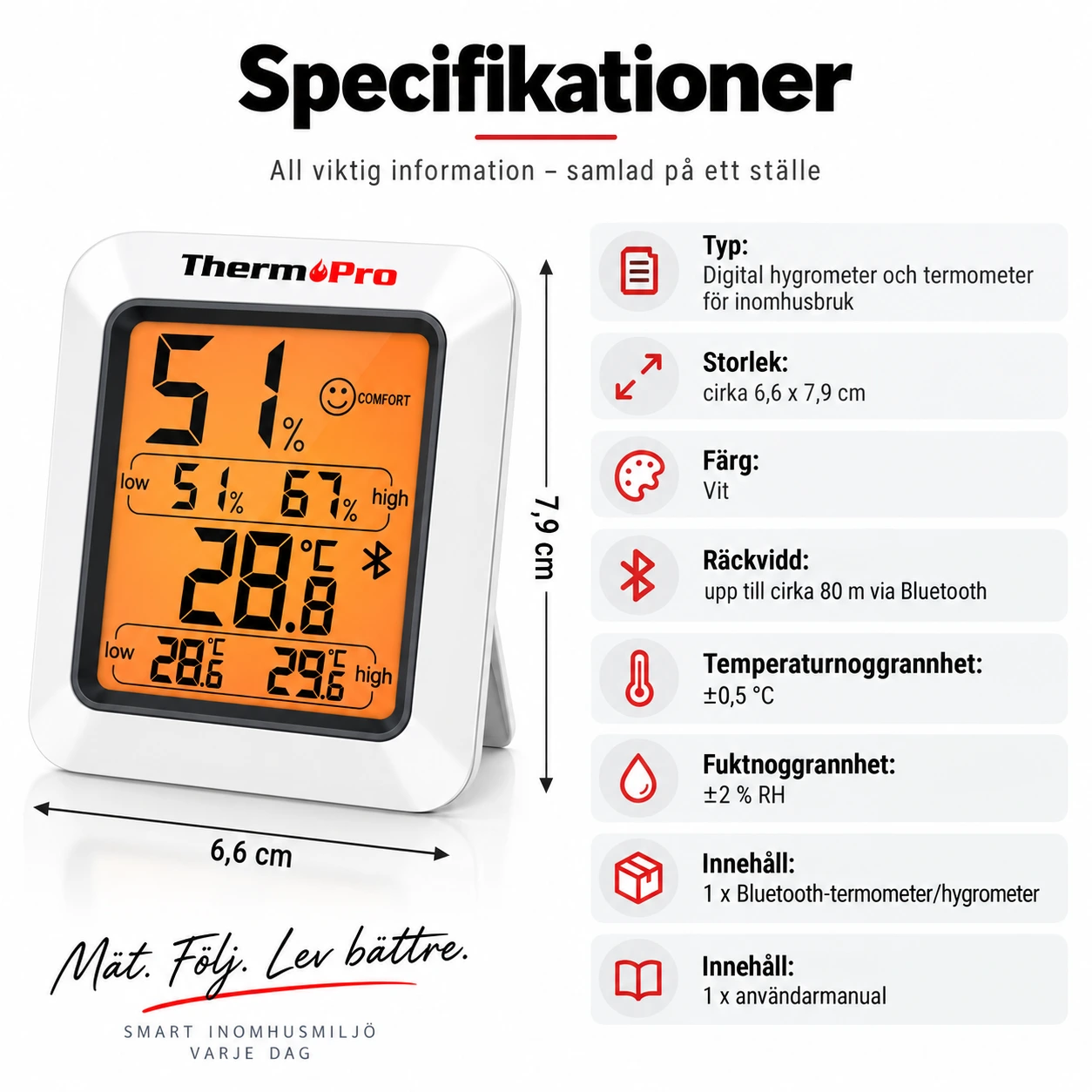 Bluetooth hygrometer för inomhusbruk med dataloggning
