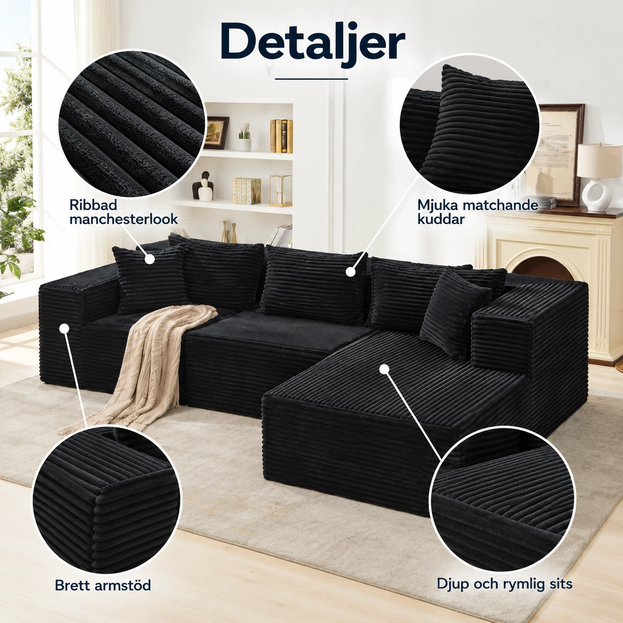Modulsoffa i L-form med djup sits och manchesterlook