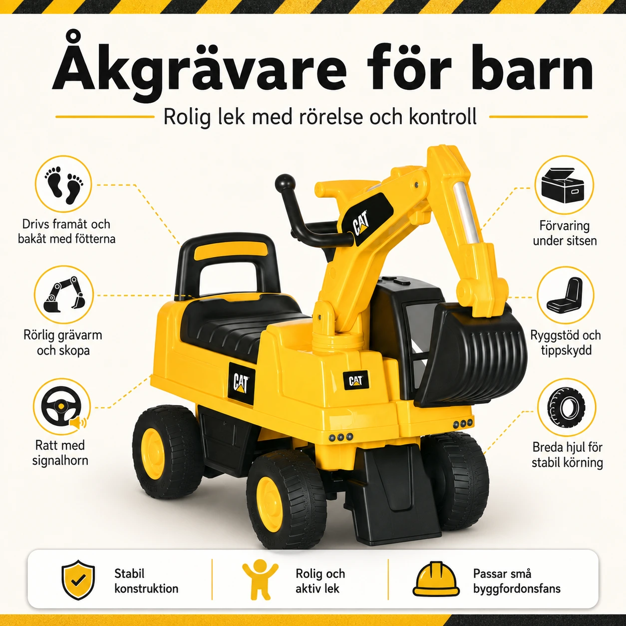 Åkgrävare för barn med förvaringsutrymme och signalhorn