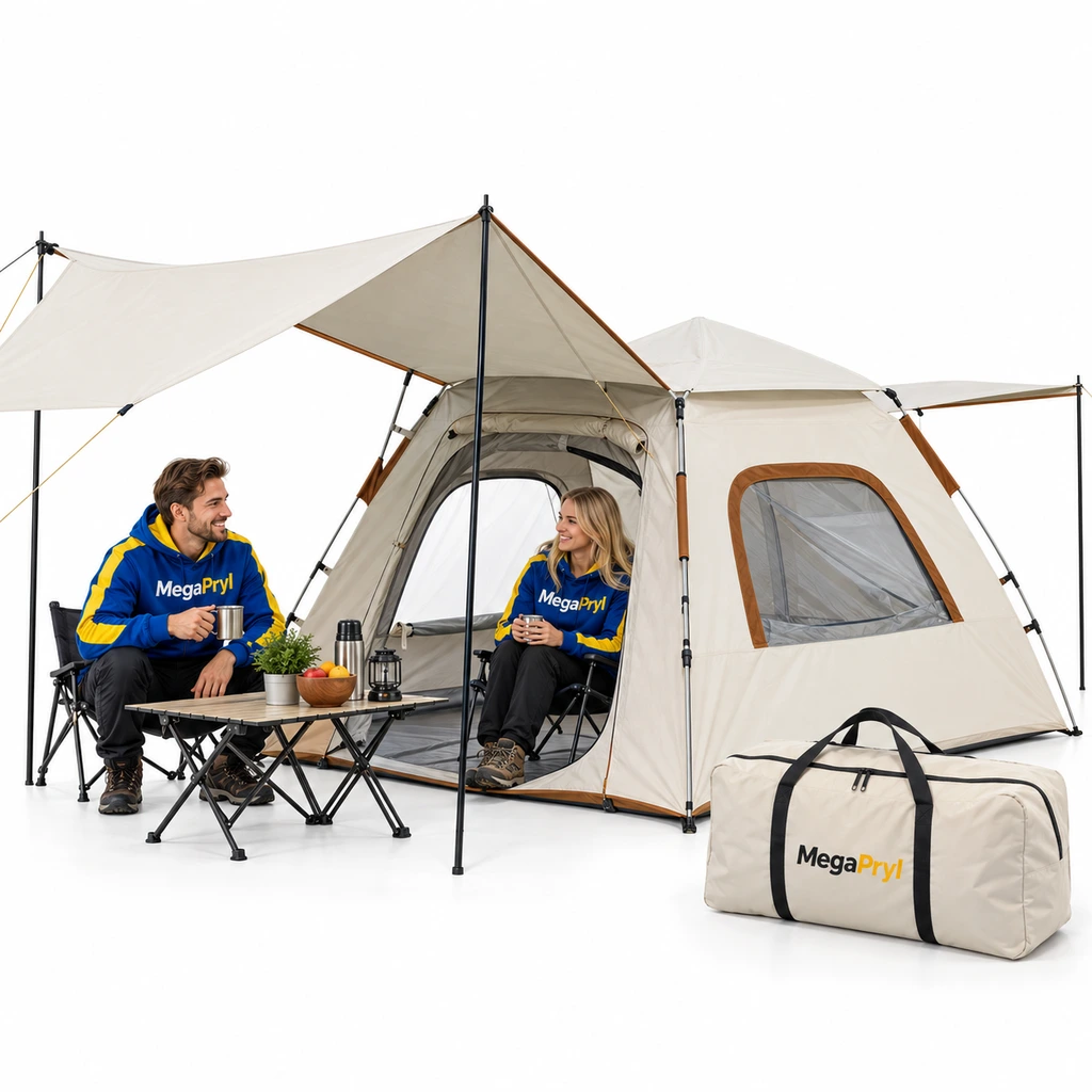 Pop up -teltta katoksella ja UV-suojalla, 3–5 henkilöä
